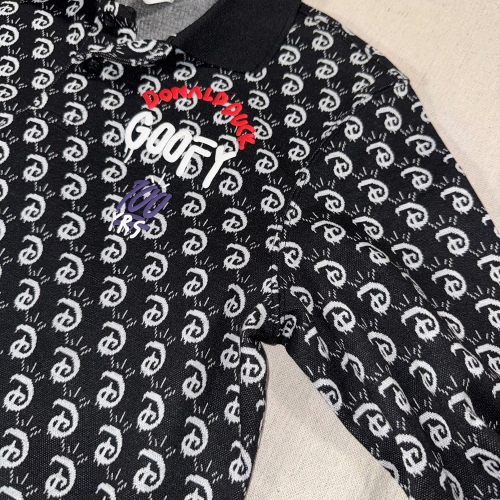 Disney 100 x H&M Trevor Andrew Long Sleeve Polo Shirt Black White Monogram XS